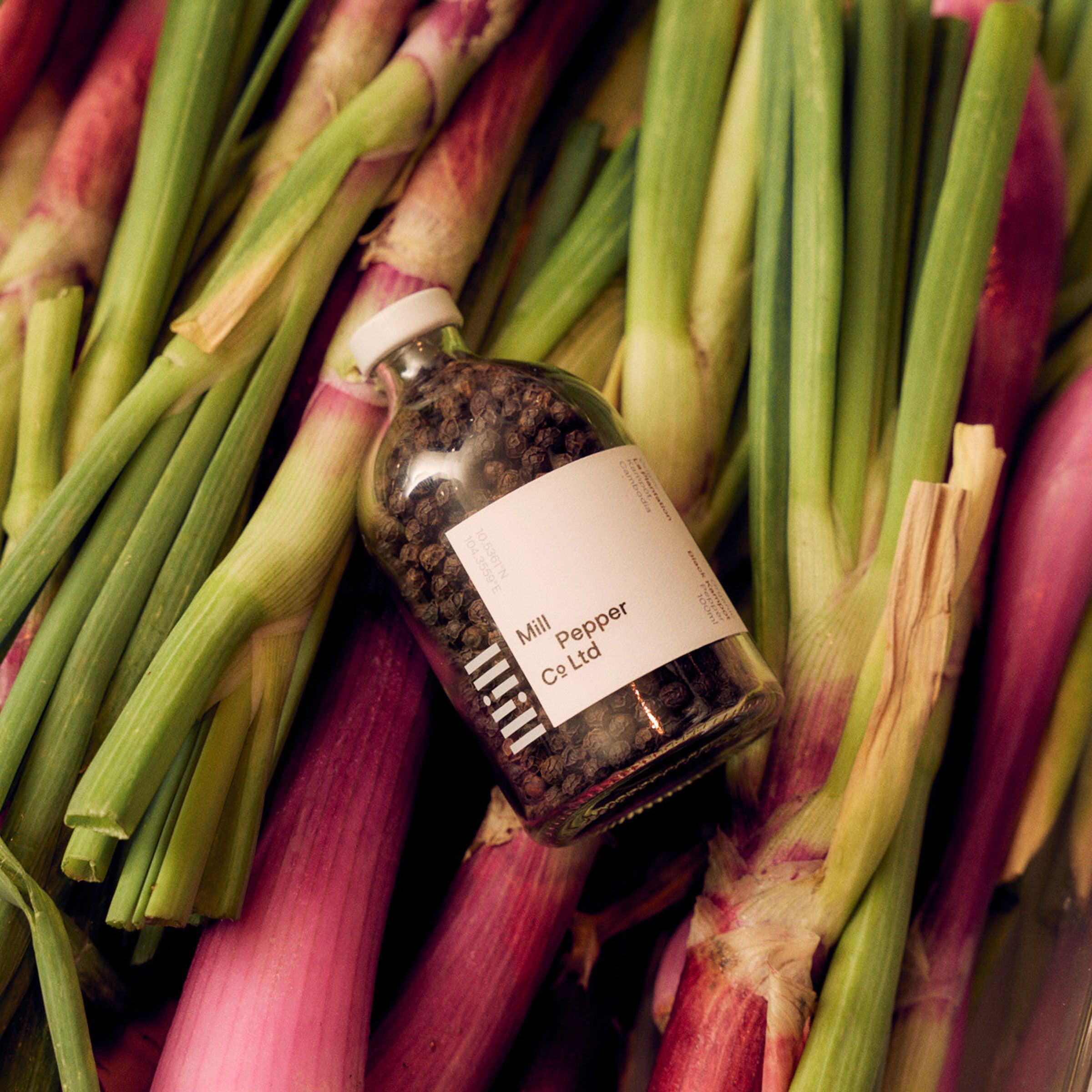 Mill Pepper bottle laying on spring onions.